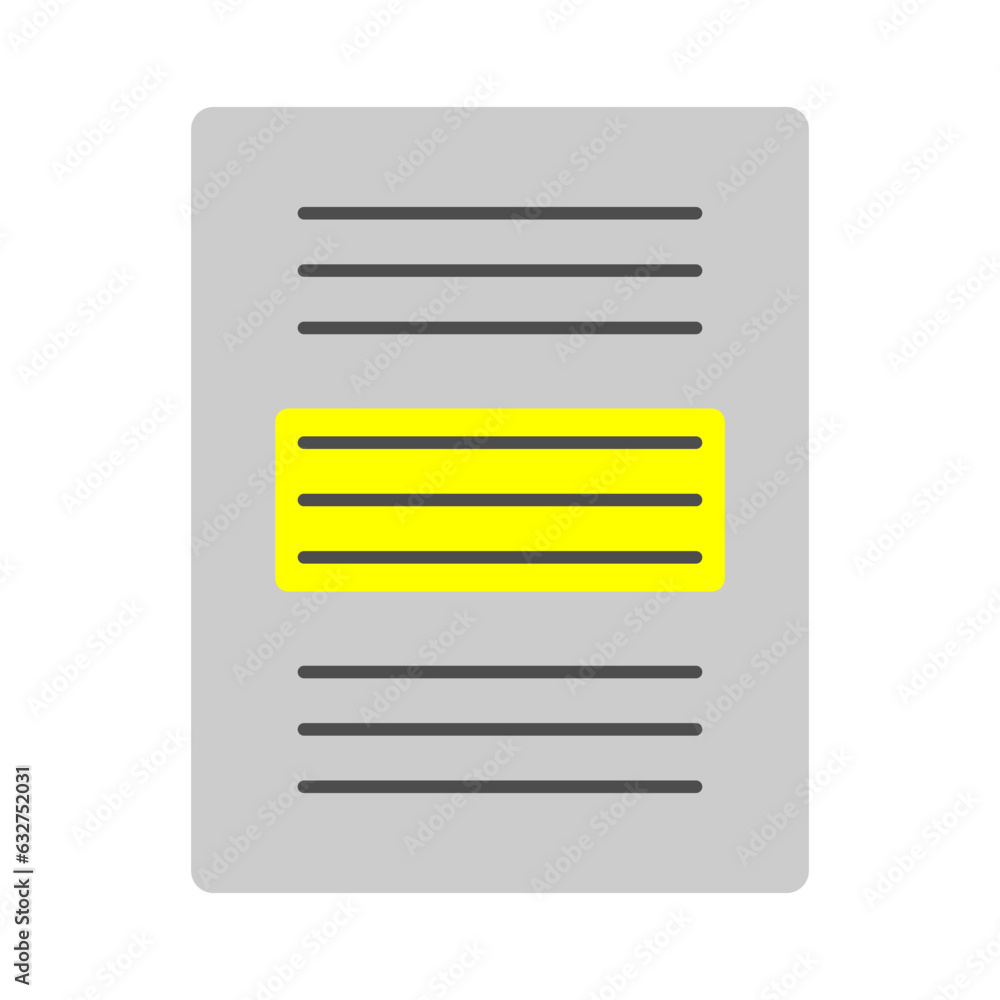 Document icon in flat. Document with highlighted yellow text isolated
