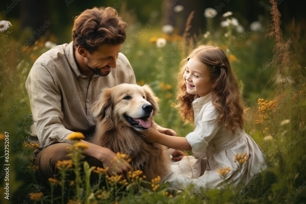 A father and his daughter sitting in a forest with a golden retriever. A father and his daughter sitting in a forest with a golden retriever.