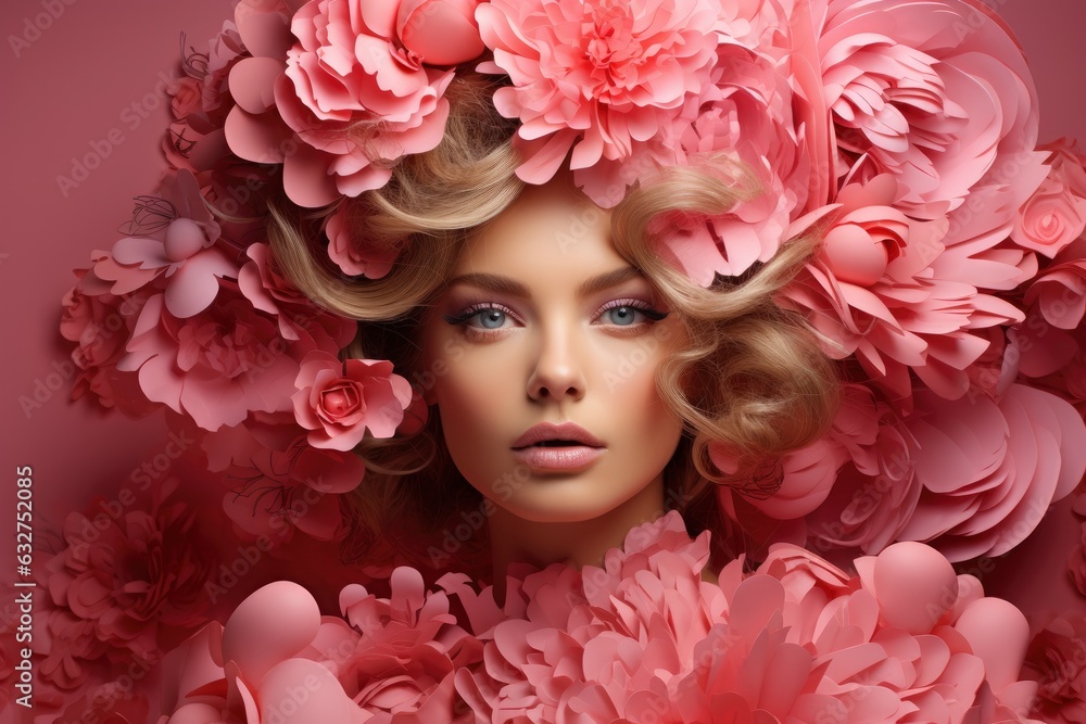 stract woman portrait with flowers over head on pink background, fantasy in style pink