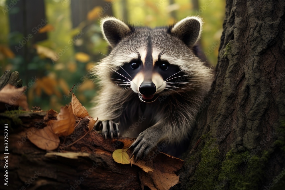 Raccoon sitting on a tree branch in the woods, backlit by the sun.