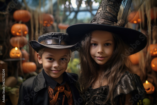 Two kids of different nationalities of elementary school age at a Halloween party at school. Wide angle shot of kids in spooky disguises and makeup. Generated Ai © ABCreative