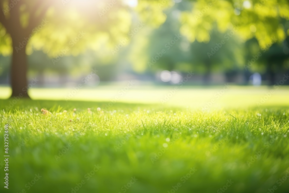 Beautiful lawn with green grass on sunny day. Bokeh effect