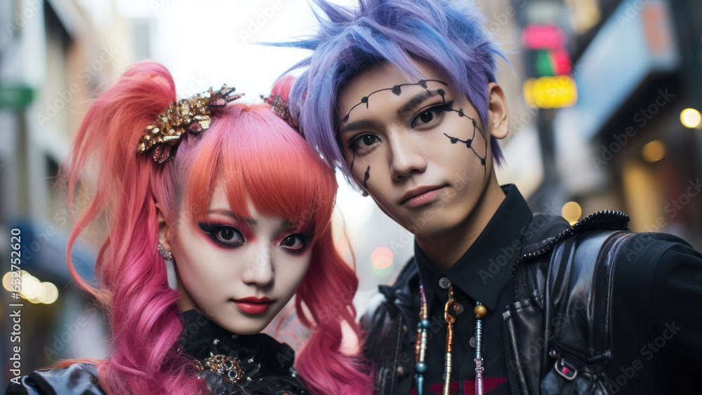 Obraz premium Student couple dressed up in Halloween costume. Girl and boy in spooky Halloween makeup. Street portrait of death parade participants. Generated Ai