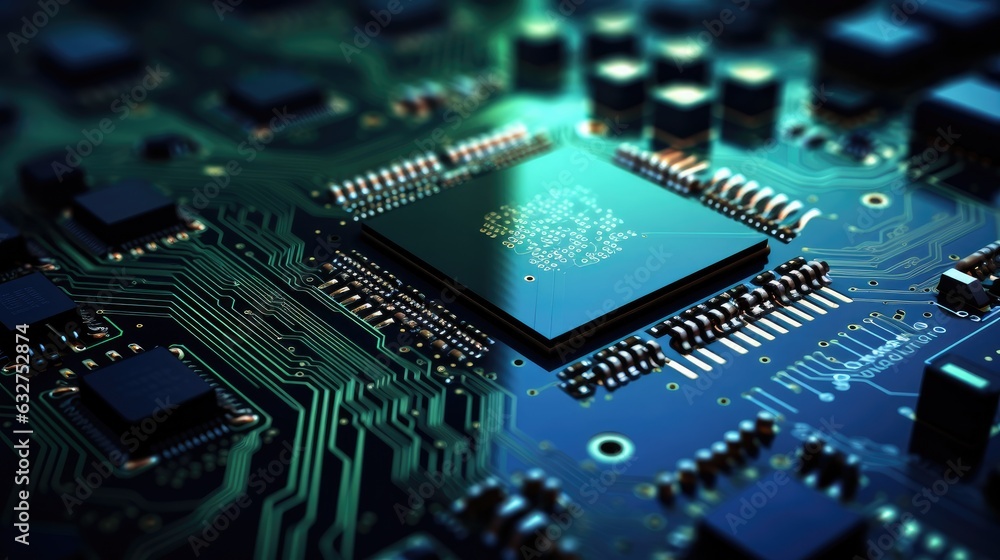electronic circuit board with a microchip processor, for data processing in a Technology-themed image as a JPG horizontal format. Generative AI electronic circuit board with a microchip processor, for data processing in a Technology-themed image as a JPG horizontal format. Generative AI
