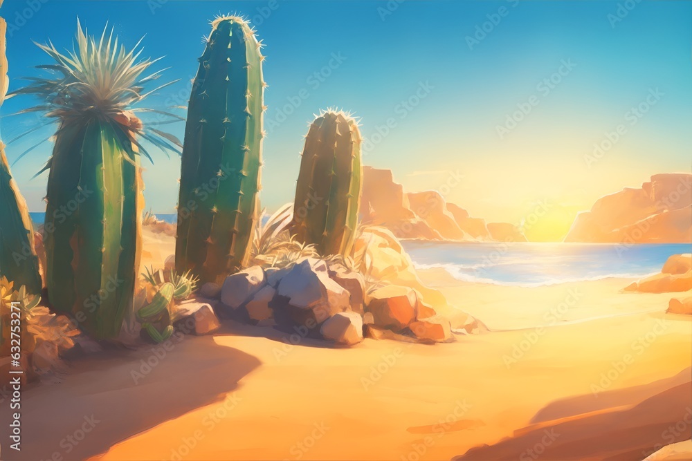 Fantasy watercolor style digital illustration of desert with cactus and undergrowth. warm tropical landscape design of the Brazilian northeastern coast. Cacti, sand, stones and blue sky. - obrazy, fototapety, plakaty 