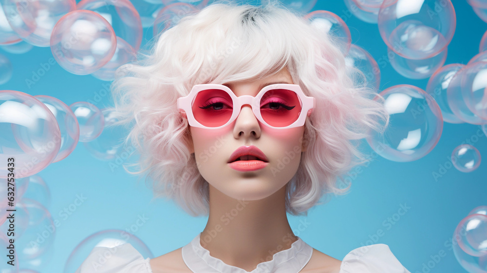 Portrait of young woman with white hair, pink futuristic sunglasses Portrait of young woman with white hair, pink futuristic sunglasses