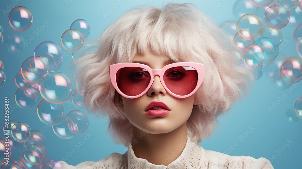 Portrait of young woman with white hair, pink futuristic sunglasses Portrait of young woman with white hair, pink futuristic sunglasses
