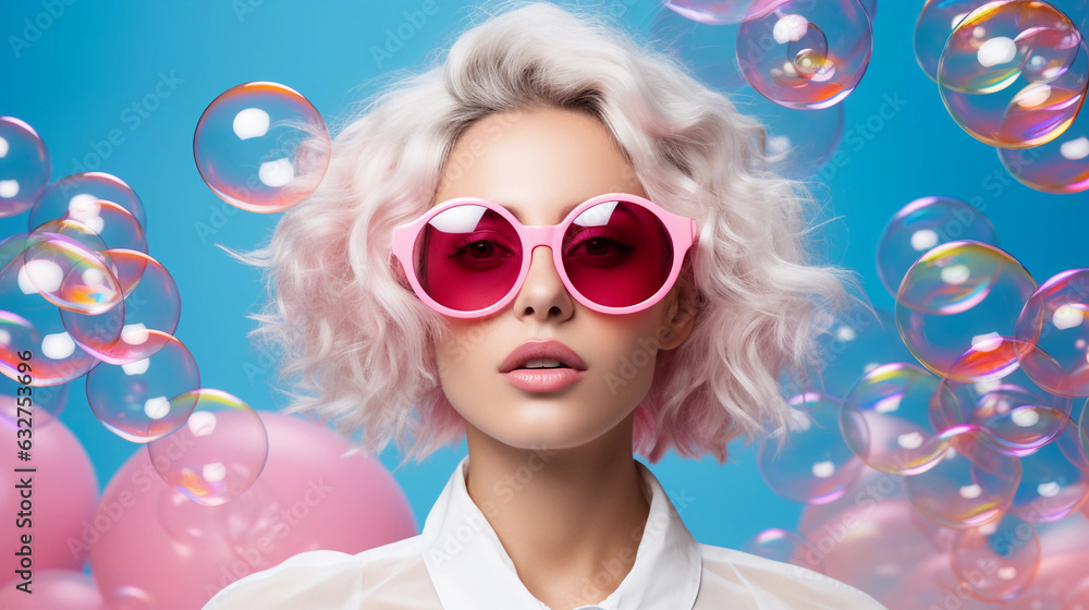 Portrait of young woman with white hair, pink futuristic sunglasses Portrait of young woman with white hair, pink futuristic sunglasses