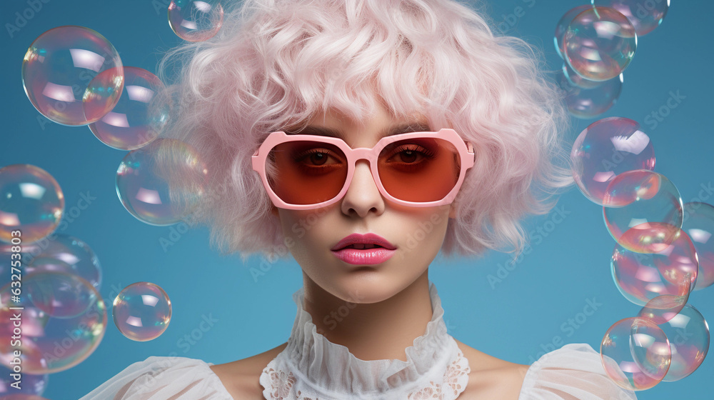 Portrait of young woman with white hair, pink futuristic sunglasses