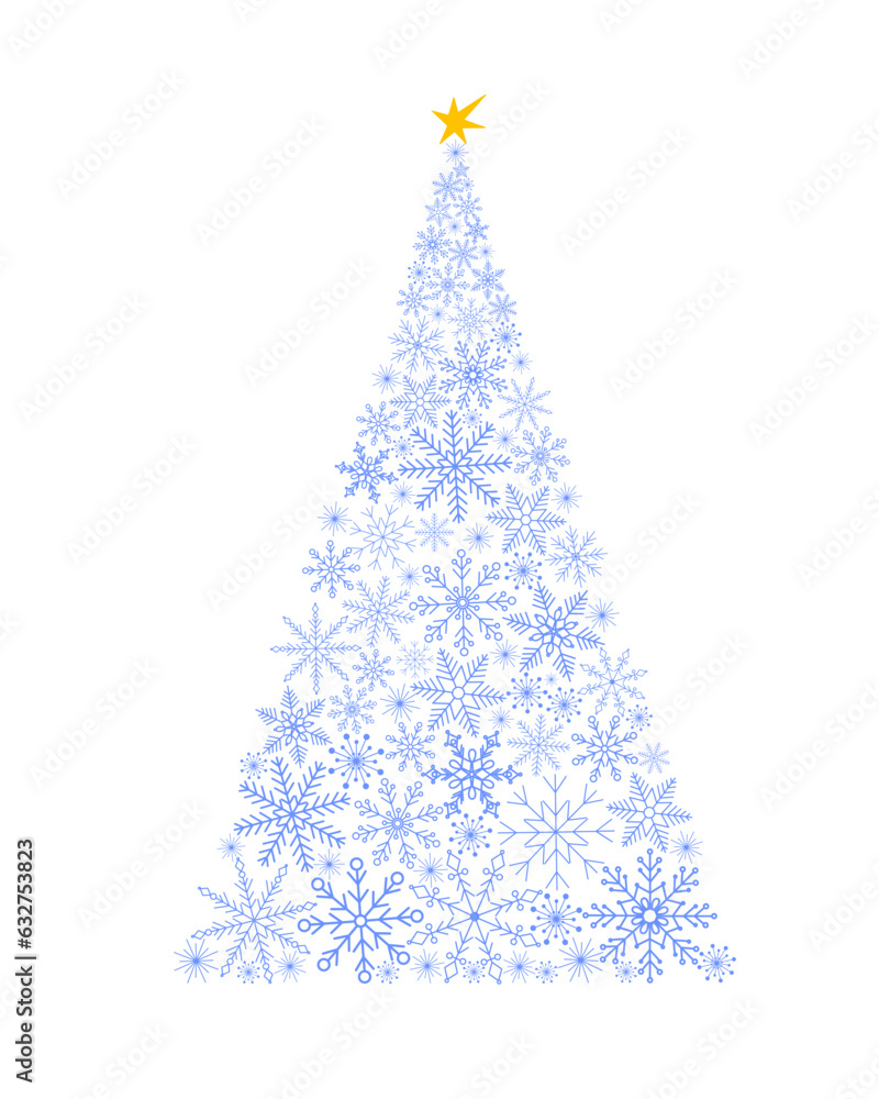 Original Christmas tree made of snowflakes simple hand drawn cartoon vector illustration, New Year holiday celebration concept for greeting card, invitation, poster, banner