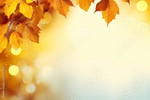 Abstract autumn background with yellow bokeh color and autumn leaves.