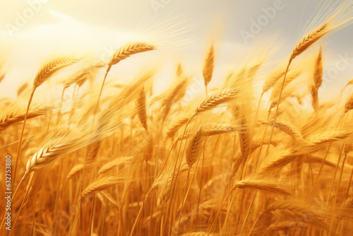 Close up of golden wheat field during sunset