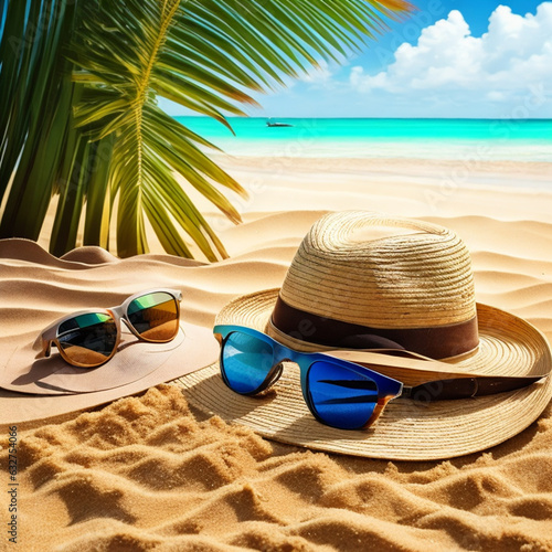 hat and sunglasses on sand beach   summer travel happy holiday Summer Holidays concept  hat and sea on light by the beach   Copy space of summer vacation  Generative AI