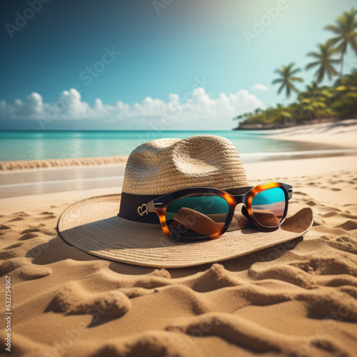 hat and sunglasses on sand beach , summer travel happy holiday Summer Holidays concept ,hat and sea on light by the beach , Copy space of summer vacation ,Generative AI