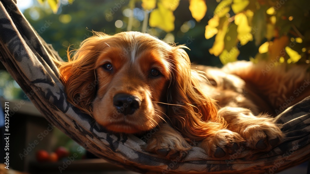 Cocker spaniel sits in a leafy hammock, resting and basking in the autumn sun. Cocker spaniel sits in a leafy hammock, resting and basking in the autumn sun.