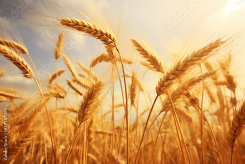 Close up of golden wheat field during sunset