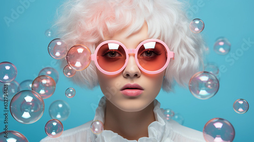 Portrait of young woman with white hair, pink futuristic sunglasses