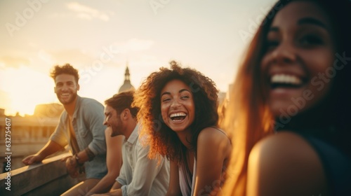 A group of young people friends of different nationalities taking selfies and smiling. Portrait, close-up. Group photo