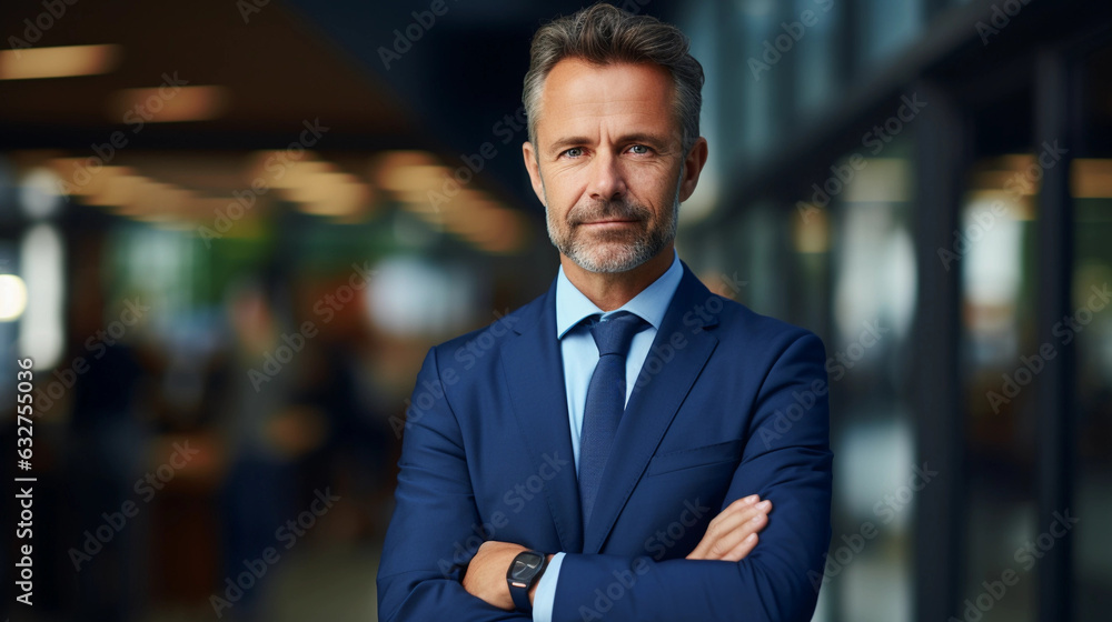 Happy middle aged business man ceo standing in office arms crossed Happy middle aged business man ceo standing in office arms crossed