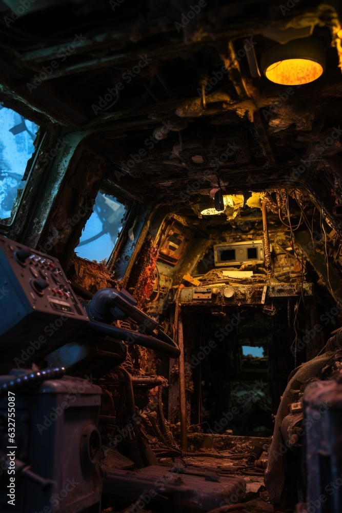 Beautiful Interior Design of a Ship Wreck Underwater on the Floor of the Ocean.