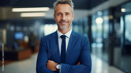 Happy middle aged business man ceo standing in office arms crossed