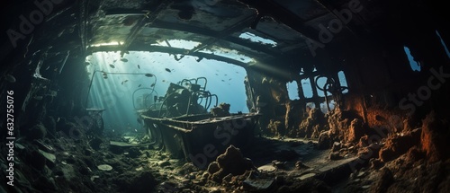 Beautiful Interior Design of a Ship Wreck Underwater on the Floor of the Ocean.