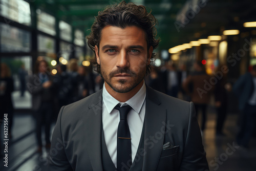 A business portrait of a man dressed in a suit looks seriously and confidently ahead. Business and success concept. Generative Ai. © Sebastian