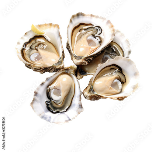 Oysters on the half shell in a Food-themed, photorealistic illustration in a PNG format, cutout, and isolated. Generative AI