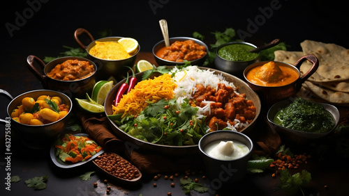 Assorted indian food on black background..