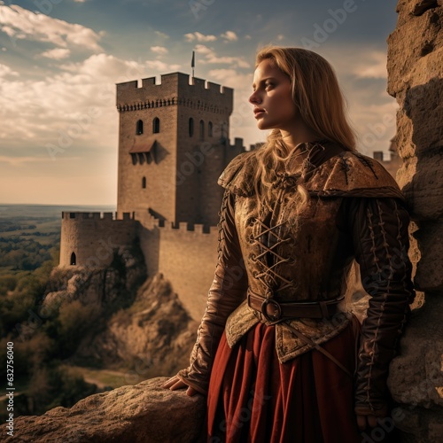 Close up of a Female Solidier over a Huge Castle made of Stone. photo