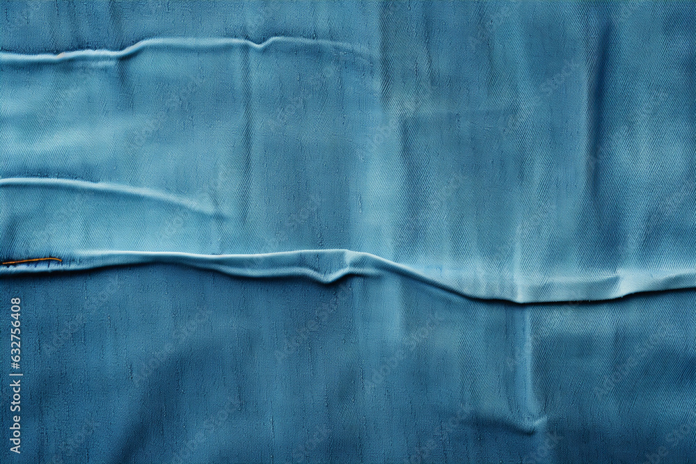 Fototapeta premium Blue denim background with a seam. Light blue color denim jeans fabric texture. Copy space for text. AI generative