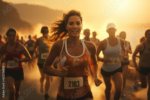 People are jogging, running a marathon against the background of the setting sun. The concept of competition, keeping fit. Generative Ai.