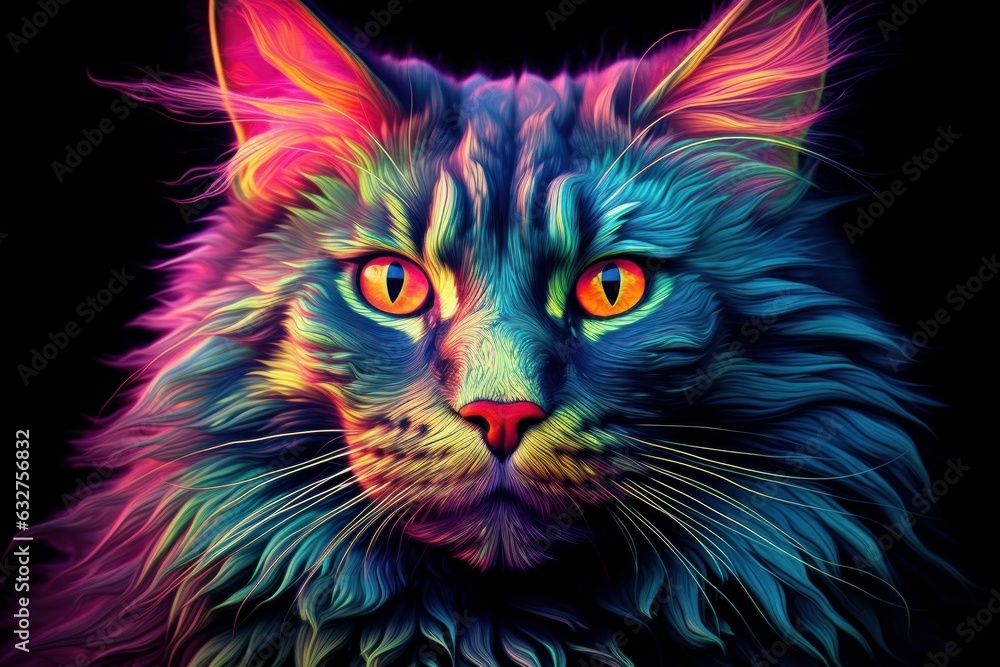 Colorful art - the head of a maine coon cat painted with spots splashes of paint Colorful art - the head of a maine coon cat painted with spots splashes of paint