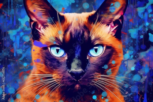 Obraz na plátne Bright abstract art - portrait of a siamese cat painted with splashes of paint