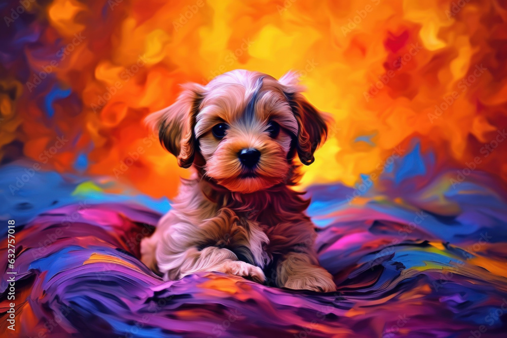 Multi coloured illustration art, the head of a puppy painted with with splashes and splatters of paint