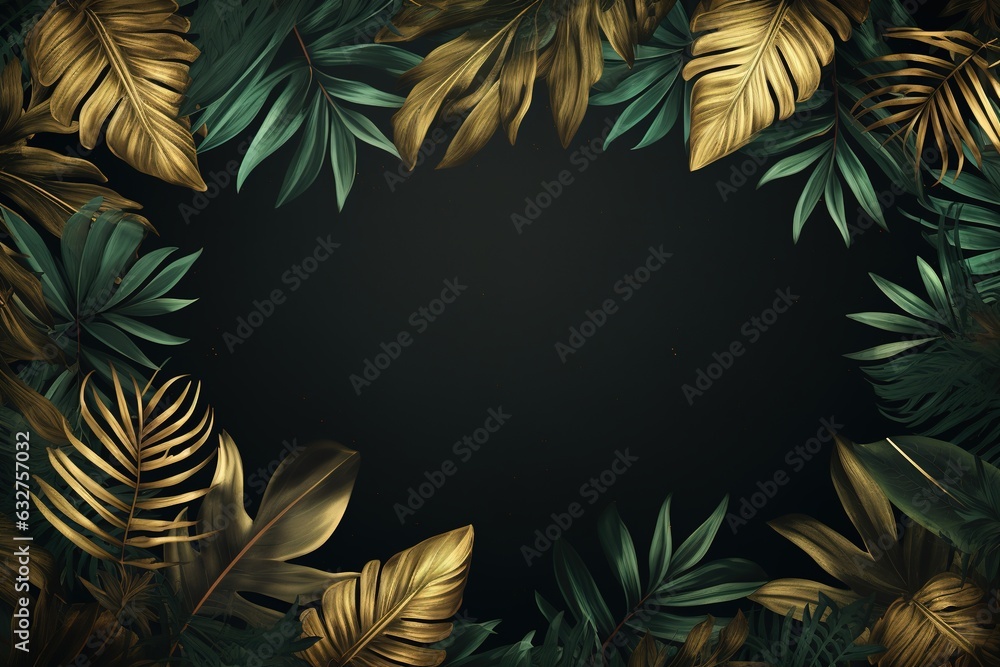 Fototapeta premium Creative layout made of tropical leaves on dark background. Flat lay, top view, copy space