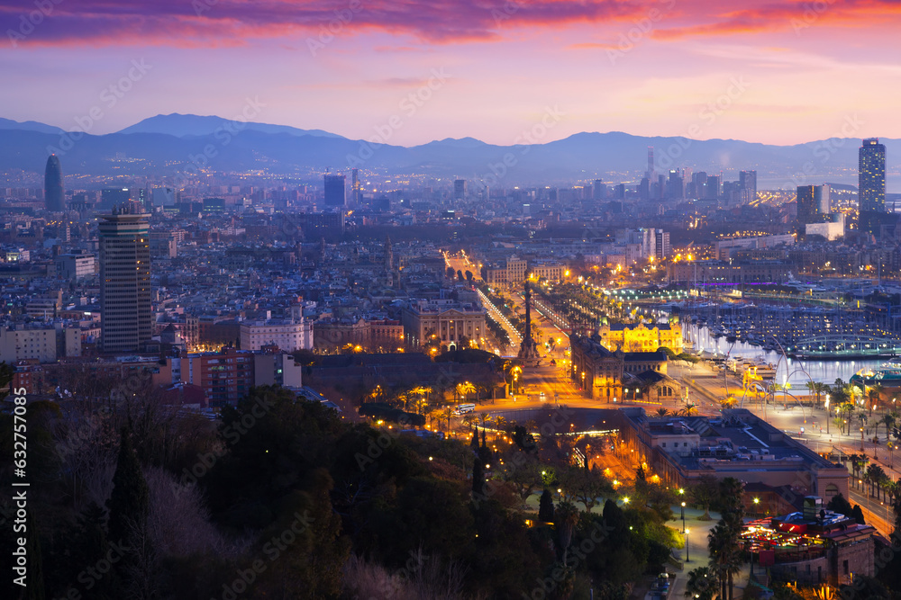 Aerial view of Barcelona on Mediterranean coast with seaport in evening. High quality photo