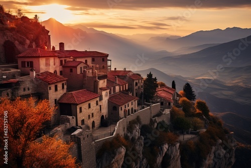 A Tiny Village seen from Drone in the Medieval Style  A Village over the Rocks of a Cliff during the Sunset.