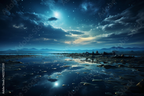realistic image that captures the elegant charm of a glowing moon suspended low over a tranquil blue sea. AI generative