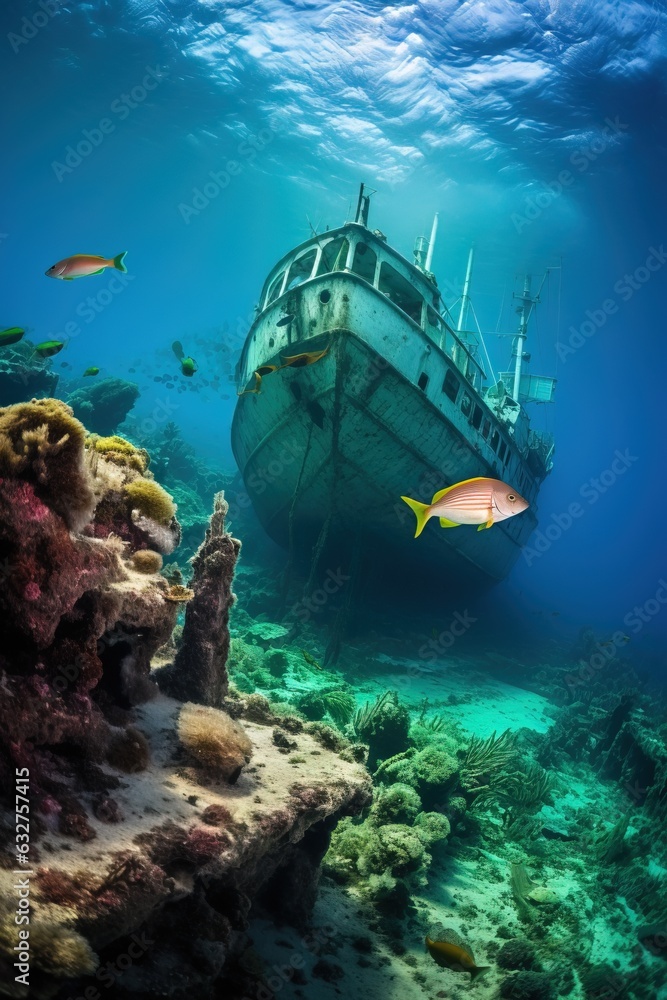 Huge Wreck of a Ship Destroyed located on the Floor of the Ocean.