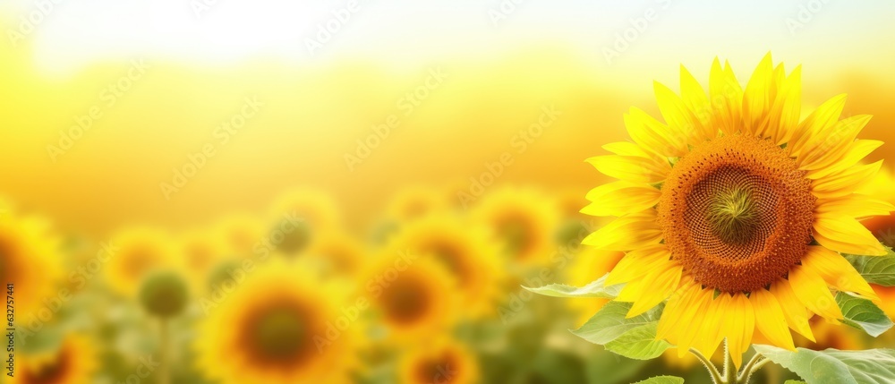 Fototapeta premium Sunflower on blurred sunny nature background. Horizontal agriculture summer banner with sunflowers field