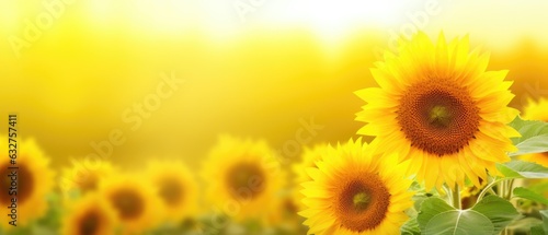 Sunflower on blurred sunny nature background. Horizontal agriculture summer banner with sunflowers field