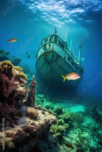Huge Wreck of a Ship Destroyed located on the Floor of the Ocean. © Boss