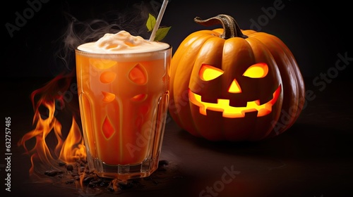 Whimsical Halloween pumpkin cocktail with cream and lantern. Scary and festive drink.