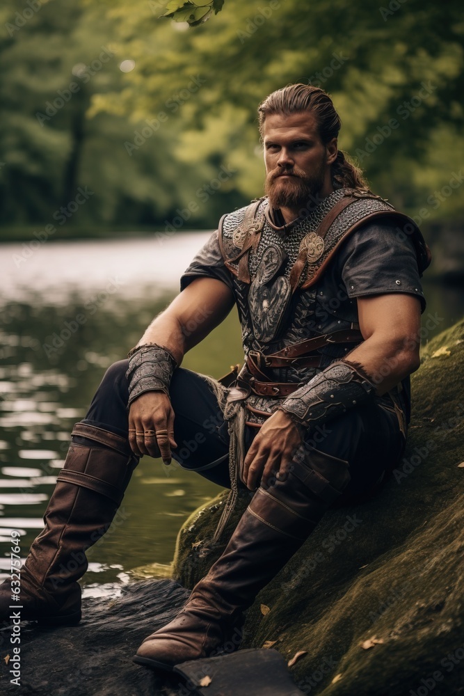 Fototapeta premium A Big Viking Resting near a Lake after Fighting.