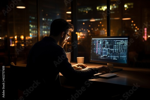 man face programmer coding at night
