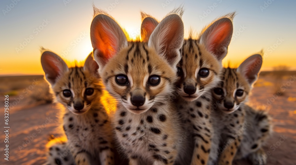 a group of young small teenage servals wild cats curiously looking straight into the camera, golden hour photo, ultra wide angle lens.