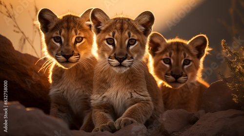 a group of young small teenage pumas wild big cats curiously looking straight into the camera, golden hour photo, ultra wide angle lens.