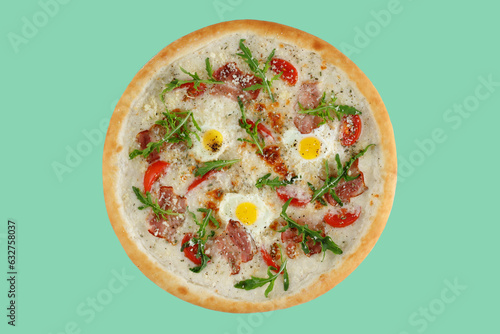 pizza with bacon, scrambled eggs, cheese and tomatoes on a green background, studio shot