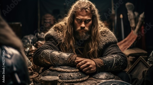Vikings, Beautiful Man dressed with Medieval Clothes, Long Hair.